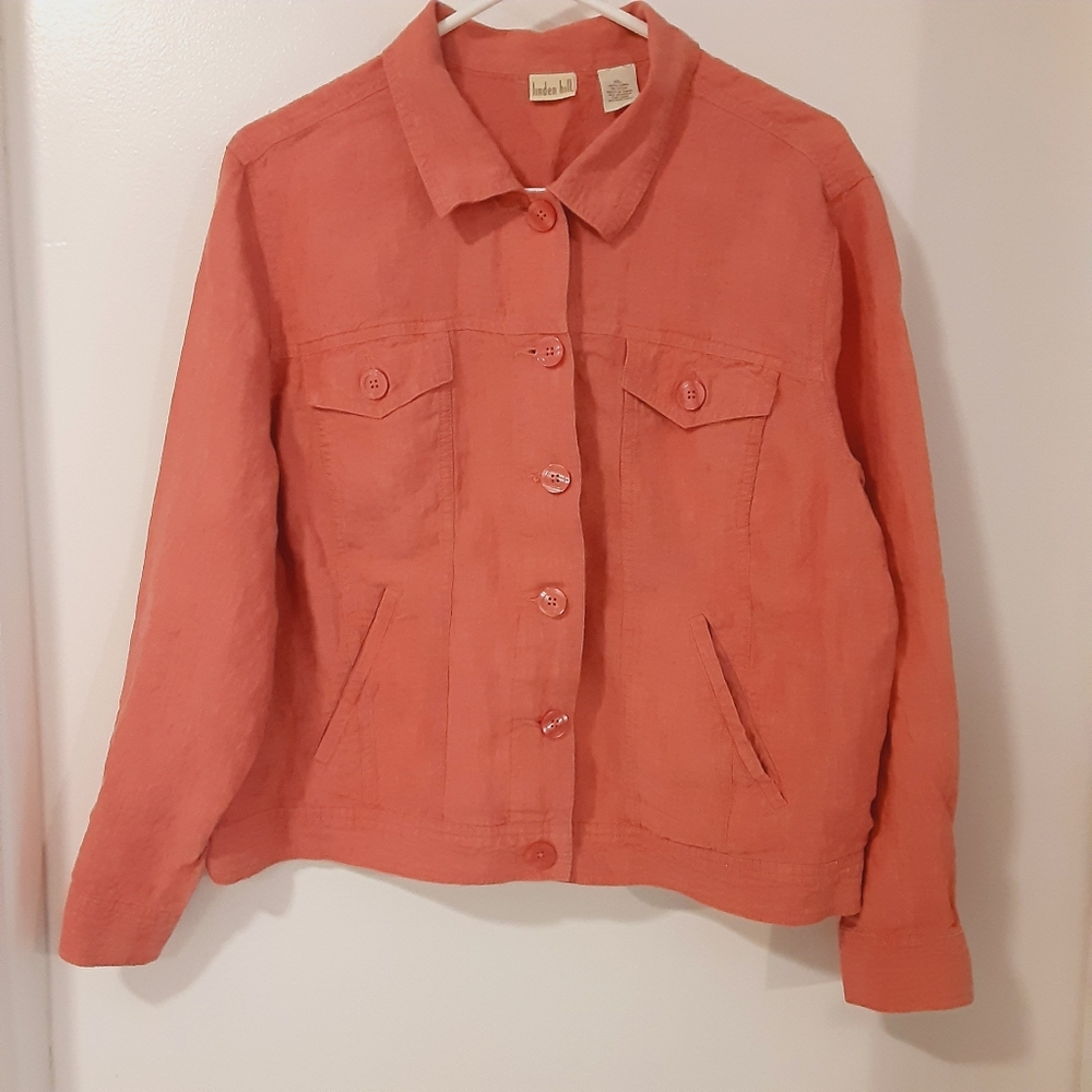 Linden Hill 100% linen shacket, button up, functional pockets collar size XL